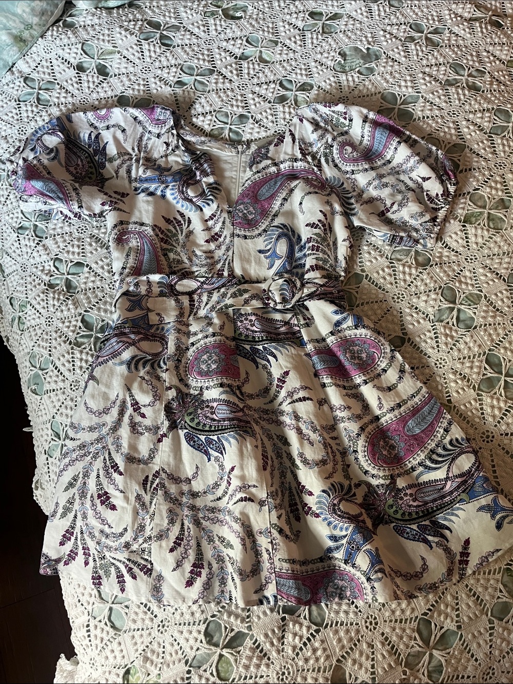 LOFT Cream Paisley Short-Sleeve Casual Dress with Pink & Blue Accents